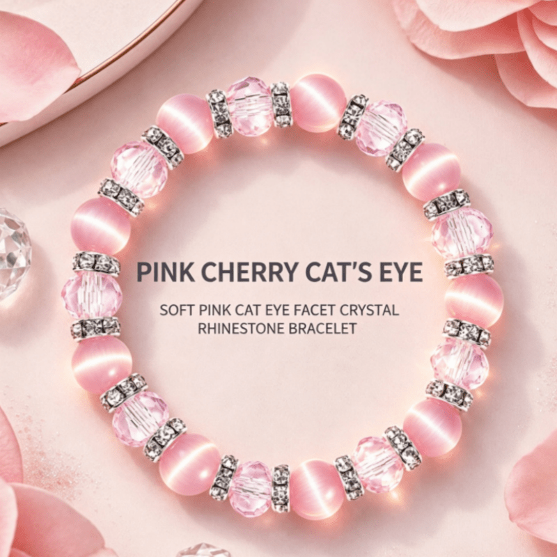 TEMU Bracelet extensible à perles translucides roses à facettes œil de chat de cerisier, perles rondes œil de chat rose pêche à douce associées à des