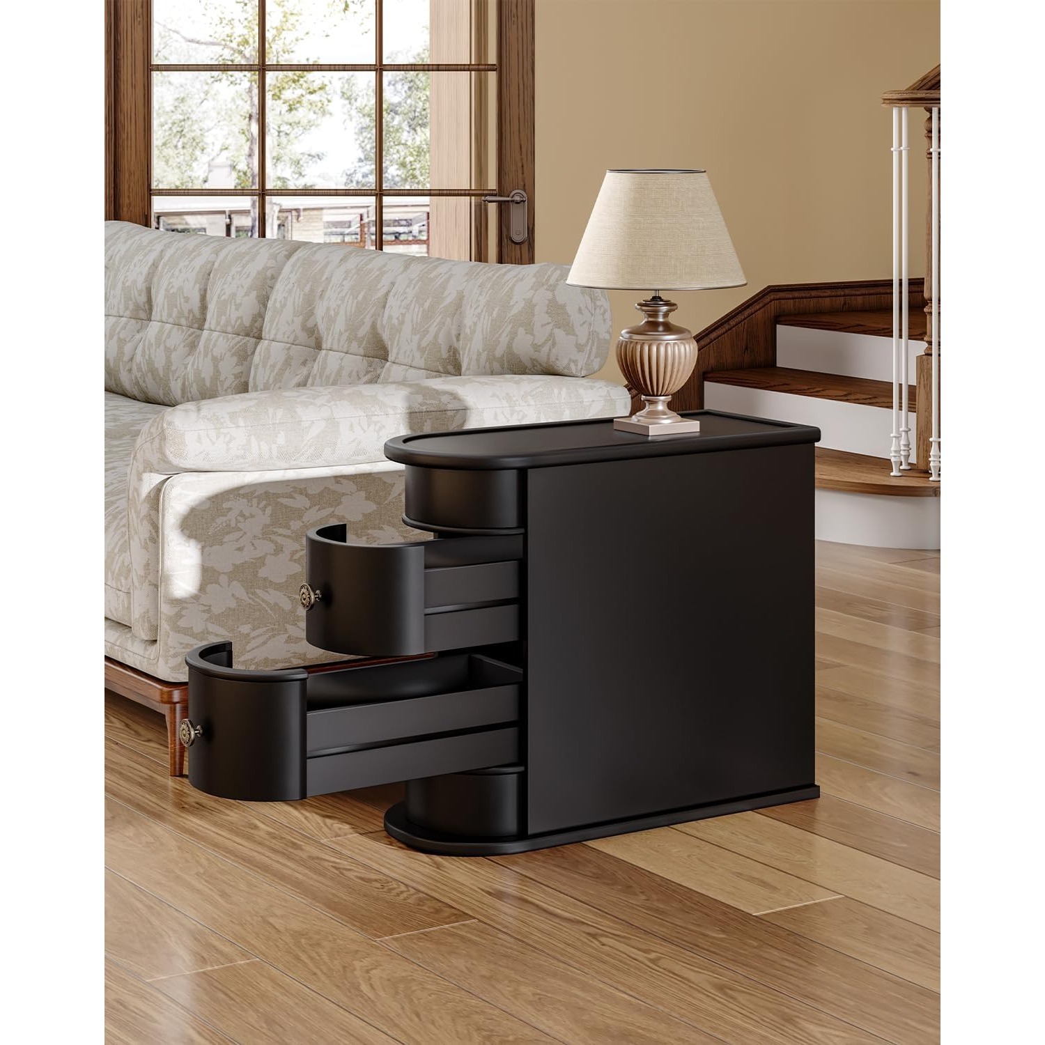 Image of End Table, Black Wooden Side Table With 2 Drawers, No Sofa Side Table, Closed Back, Vintage Slim Nightstand Bedside Table For Bedroom