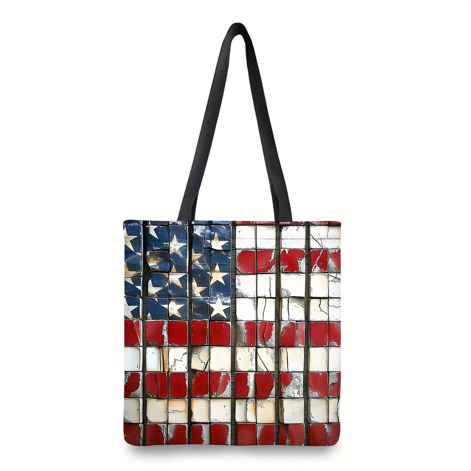 

1pc American Flag Polyester Shopper Tote Bag, Spacious Shoulder Bag With Fixed Strap, Machine Washable, Unlined, For Daily , Grocery, Travel, Work - , Open Closure