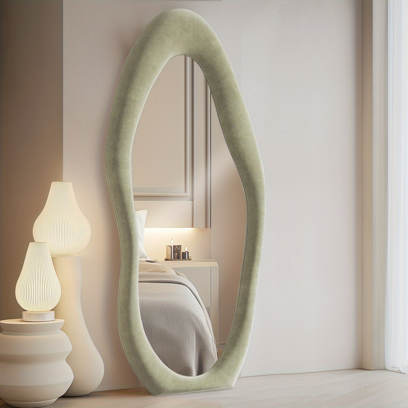 Image of Full Length Mirror With Stand - Cloud Shape Floor Mirror Suitable For Bedroom & Living Room, Luxurious Flannel-wrapped Wood Frame Vertical Mirror With, Full Body Mirror For Dressing Room Or Entryway