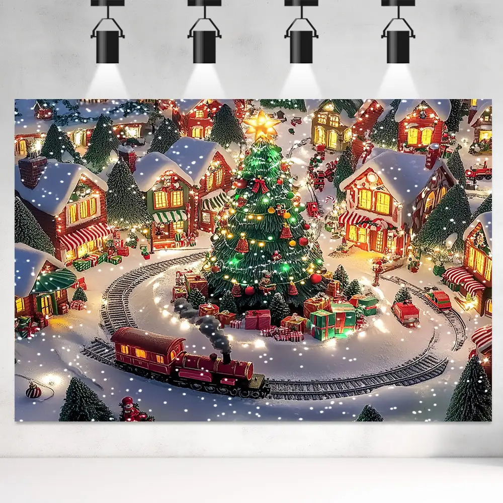 2D Plat, Zelfverlichtend Winterdorp Muurdecoratie met Gloei-effect - Besneeuwde Huizen, Kerstboom, Trein & Locomotief - Geen Elektriciteit Nodig, Eenvoudige Opzet voor Buiten-Kerstfeest of Trouw Achtergrond, 1 Stuk