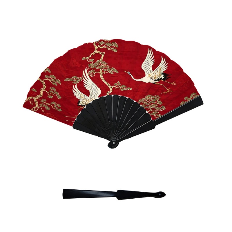 TEMU Éventail pliant rouge traditionnel d'Asie de , motif de grue blanche et de pin, 1 pièce avec surface et nervures en plastique, accessoire léger