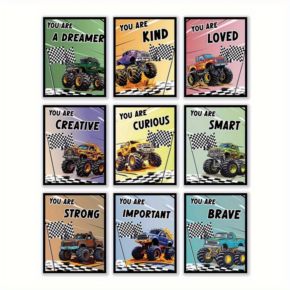 TEMU 9pcs Retro Tractor & Monster Truck Inspirational Wall Art Posters - 8x10 Inch Frameless Vibrant Vehicle Decor With Positive Affirmations For