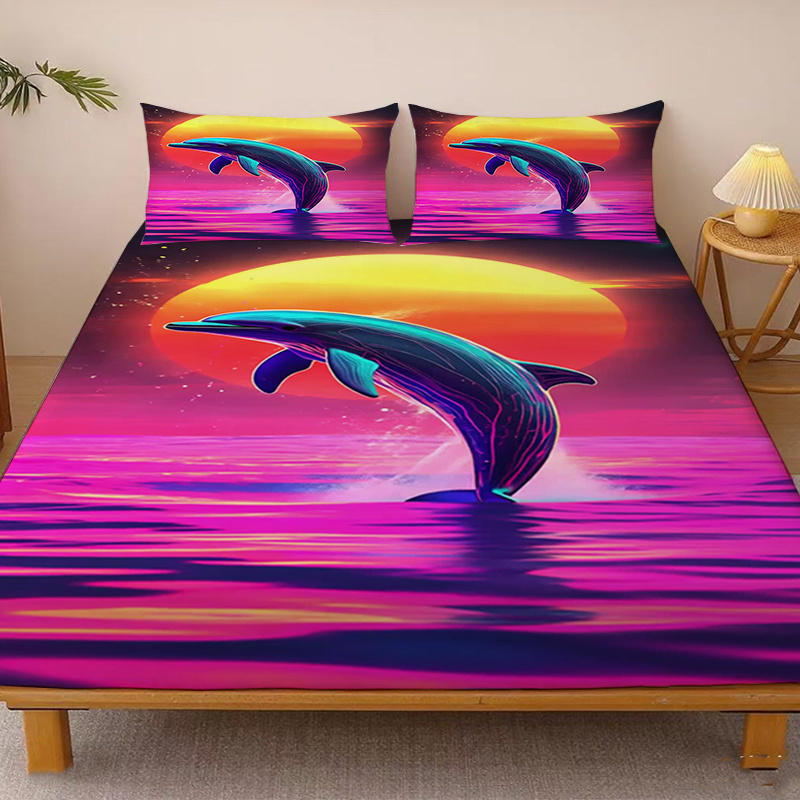 TEMU 1pc Neon Color Dolphin Leaping Water Pattern Fitted Sheet, Single Deep Pocket Fitted Sheet Only, No Pillowcases, Washed Soft Fabric,