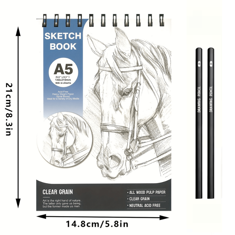 TEMU Set de 3 pièces : Grand carnet de A5 à spirale avec crayons de dessin professionnels, avec une couverture épaisse à coque rigide et du papier