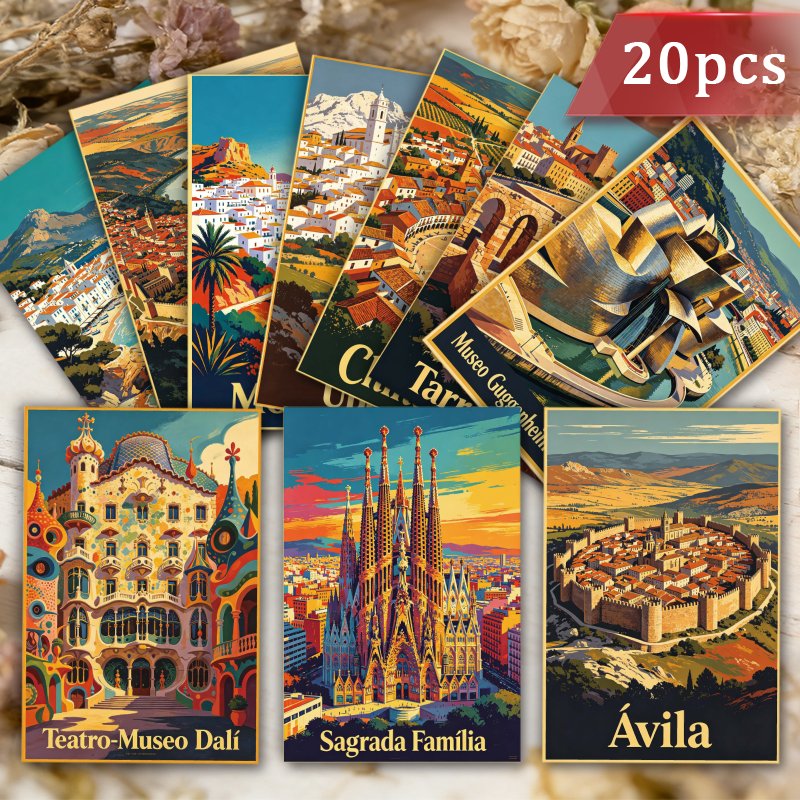 TEMU ("Impresión , Cartulina Engrosada) 20 tarjetas postales de de ciudades españolas, Set de tarjetas postales de recuerdos de viaje con estética