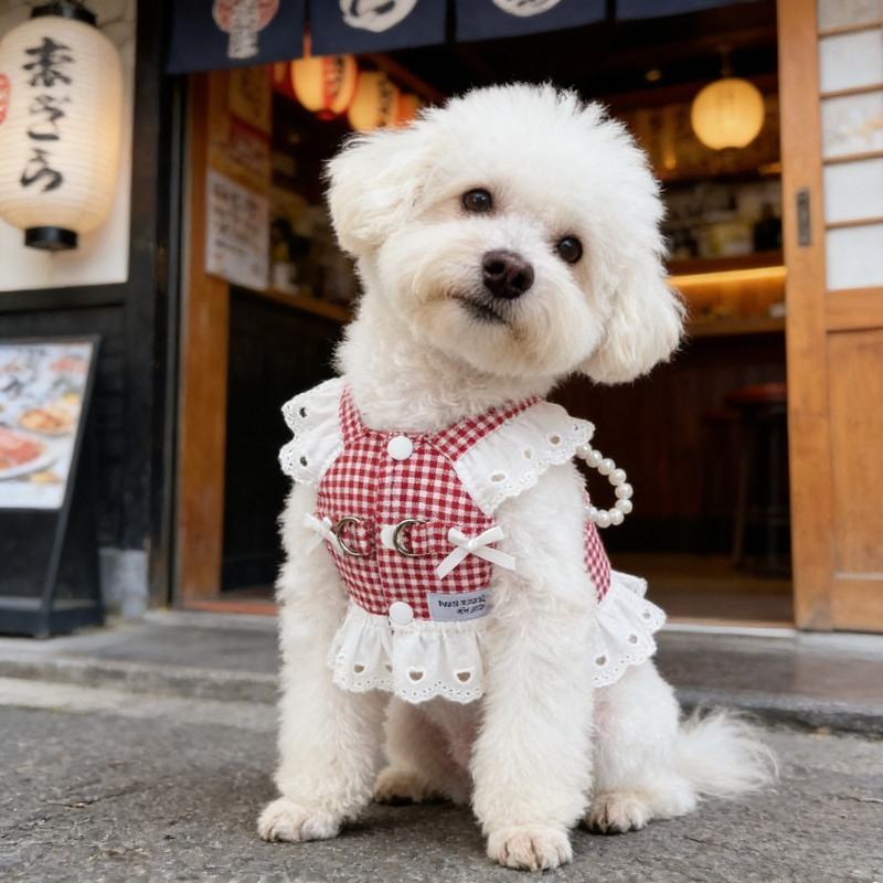TEMU ペットの猫と犬用 黒と赤のプリンセススタイル 胸へのこぎり綱付き胸当てストラップ 春夏秋用