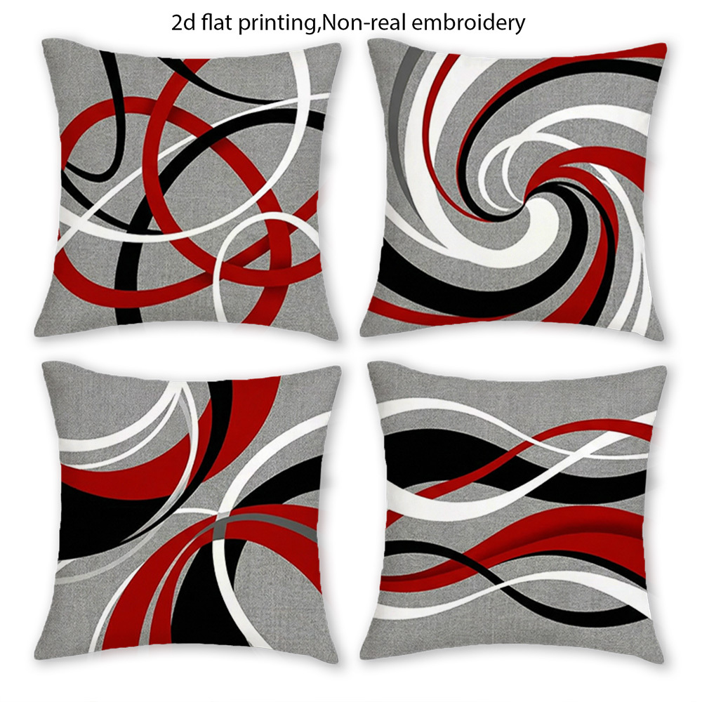 TEMU 4pcs Gray Background Red Black White Abstract Lines Modern Minimalist Style Summer Pillow Covers, Single Side Print, No Insert, For Sofa Living