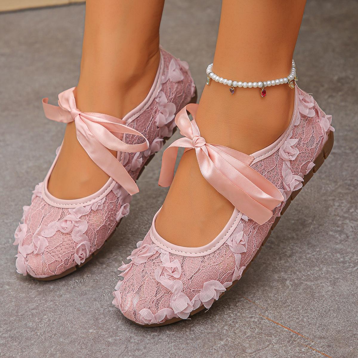 TEMU Lace Rose Ballet Flats With Mesh Embroidery, Fairy-style Flat Shoes With Bow Ankle Straps, Soft Sole, Breathable Slip-on, Versatile Shoes For