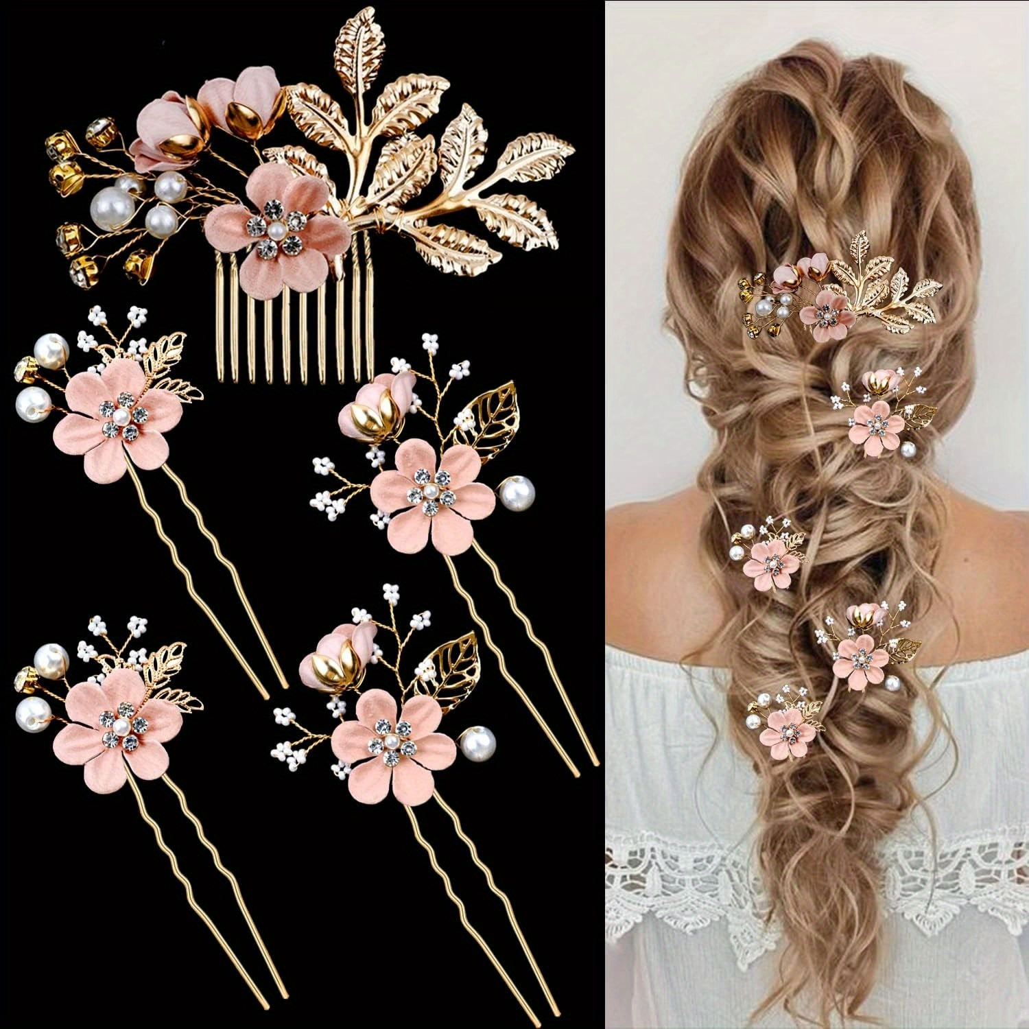 TEMU Hair Clips, 5pcs Bridal Flower Wedding Hair Pins, Headpiece Hair Accessories, Jewelry With For Brides Bridesmaids Women ( Pink)