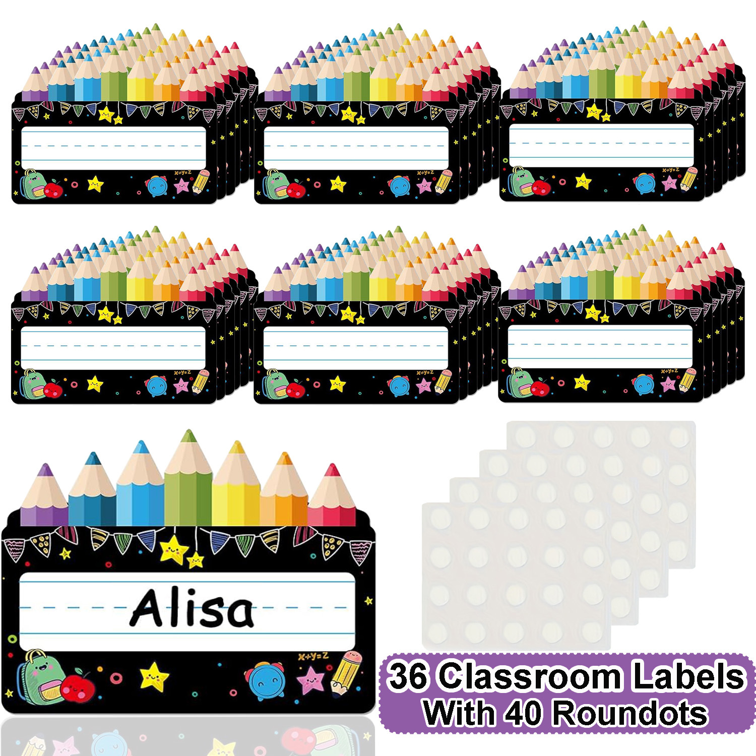 TEMU Étiquettes de nom pour bureaux de classe, 36 pièces avec 40 pièces de colle à points pour noir, plaques de d'étudiants brillantes, lot