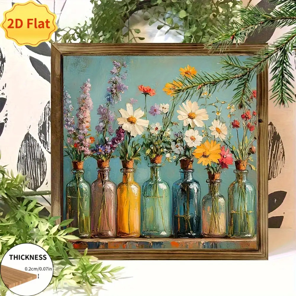 2D Flat, A 2D Flat-printed Wooden 1pc Rustic Wooden Floral Art Sign - Wall Hanging Decoration Featuring Vibrant Spring Flowers and Green Leaves, No Electricity Required, Ideal for Outdoor Decor, Rustic Themes, and New Year Gifts, Outdoor Wall Decor |