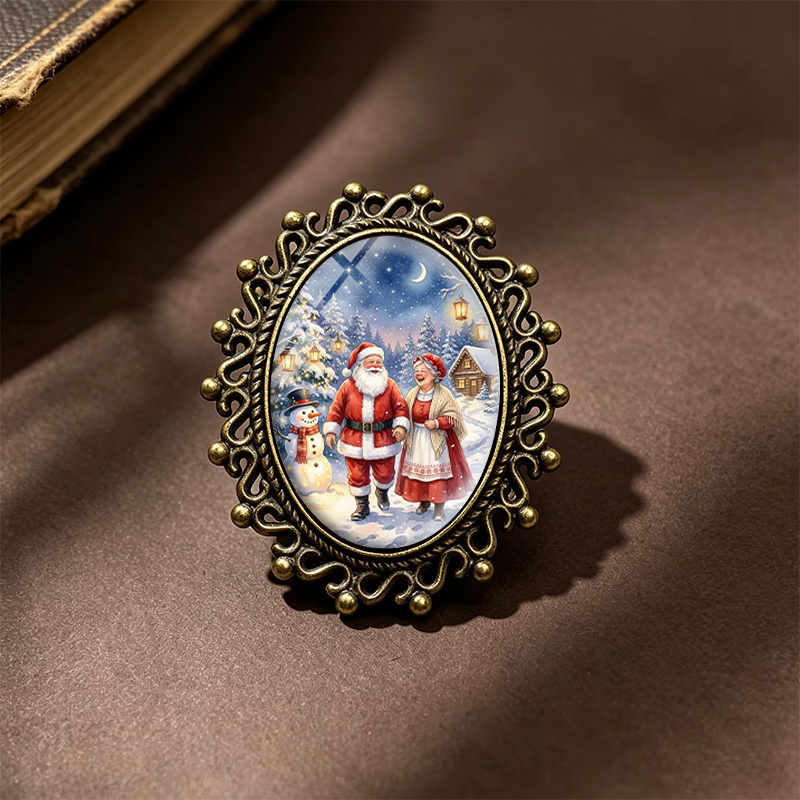 TEMU 1 pièce Broche ovale Père Noël et Noël dans une enneigée avec en verre, Broches vintage unisexes, Accessoire pour vêtements et sac à dos