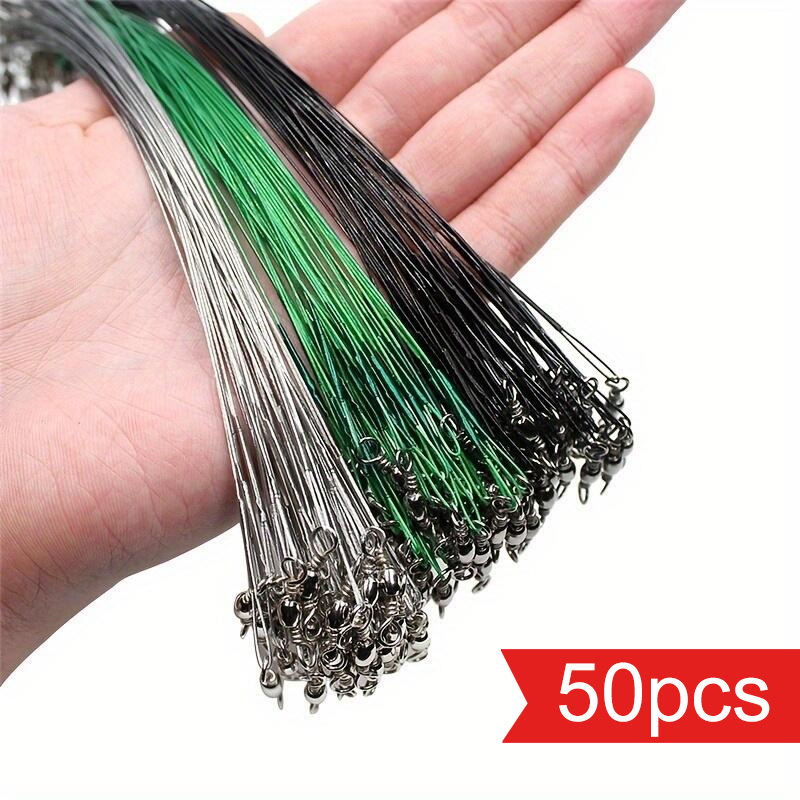 

Set Of 50 Anti-bite Wire Leaders For Fishing, With Barrel Swivel, Used For Fishing Wire With Lures On Fishing Boats, Fishing Tackle Accessories In Green/black/silvery