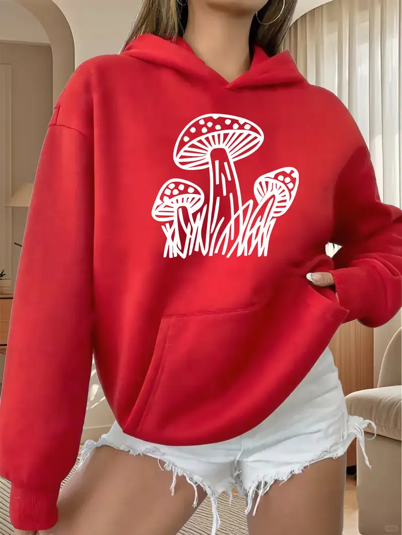 Red Women'S Black Hoodie with Mushroom Print