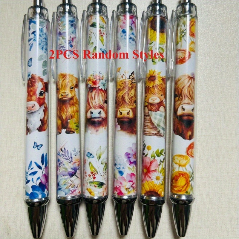 Image of 2pcs Random Style Highland Cow Pens Cow Print Pen Kawaii Cute Supplies Accessories Items Stationary For School Home Office Desk Planner Decor Things Themed Lover Gifts Gift For Her