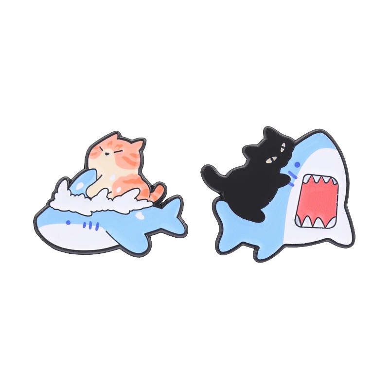 TEMU 1/2pcs Ensemble de pin's émaillés Chat sur requin, badge de animalier océanique , cadeau de style dessin créatif pour amis, additions de