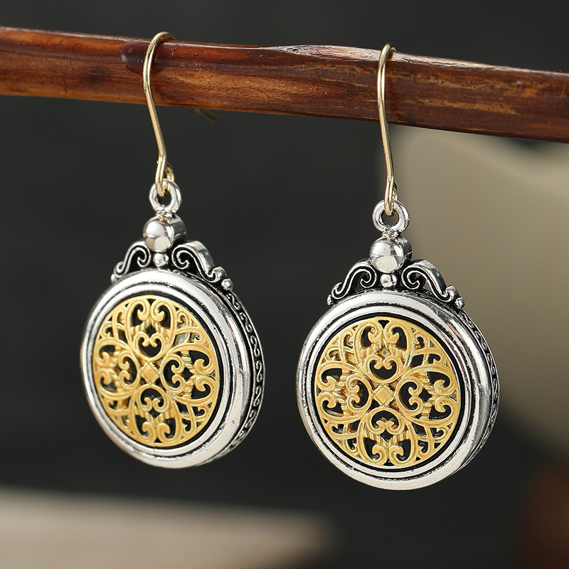 TEMU Boucles d'oreilles à crochet bicolores à motif floral rétro bohème, boucles d'oreilles pendantes évidées en cuivre couleur argentée pour femme,