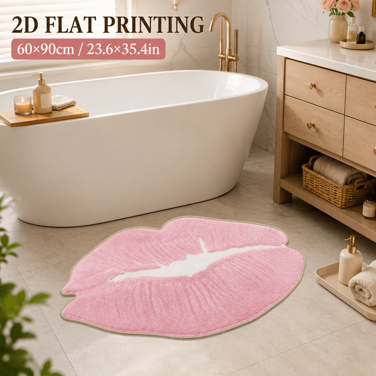 TEMU 1pc 850gsm 7mm Thick Velvet 2d Flat Printed Pink Lip Shaped Rug Non Slip Decorative Bath Mat Machine Washable For Bathroom Bedroom Living Room