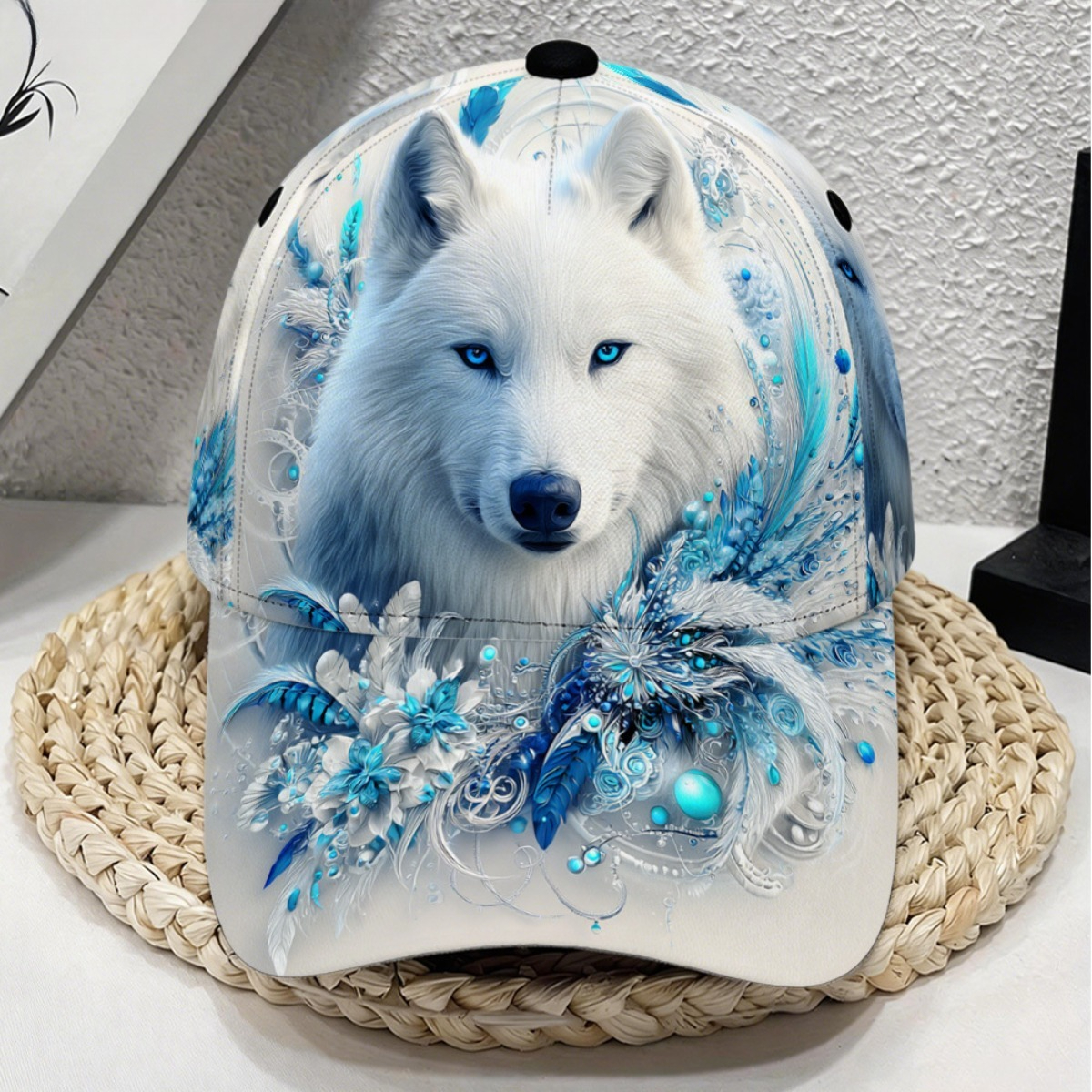 TEMU Classic Baseball , White Wolf Print, Adjustable, Perfect For Casual Wear, Sports, , Shopping, And Daily Outfits