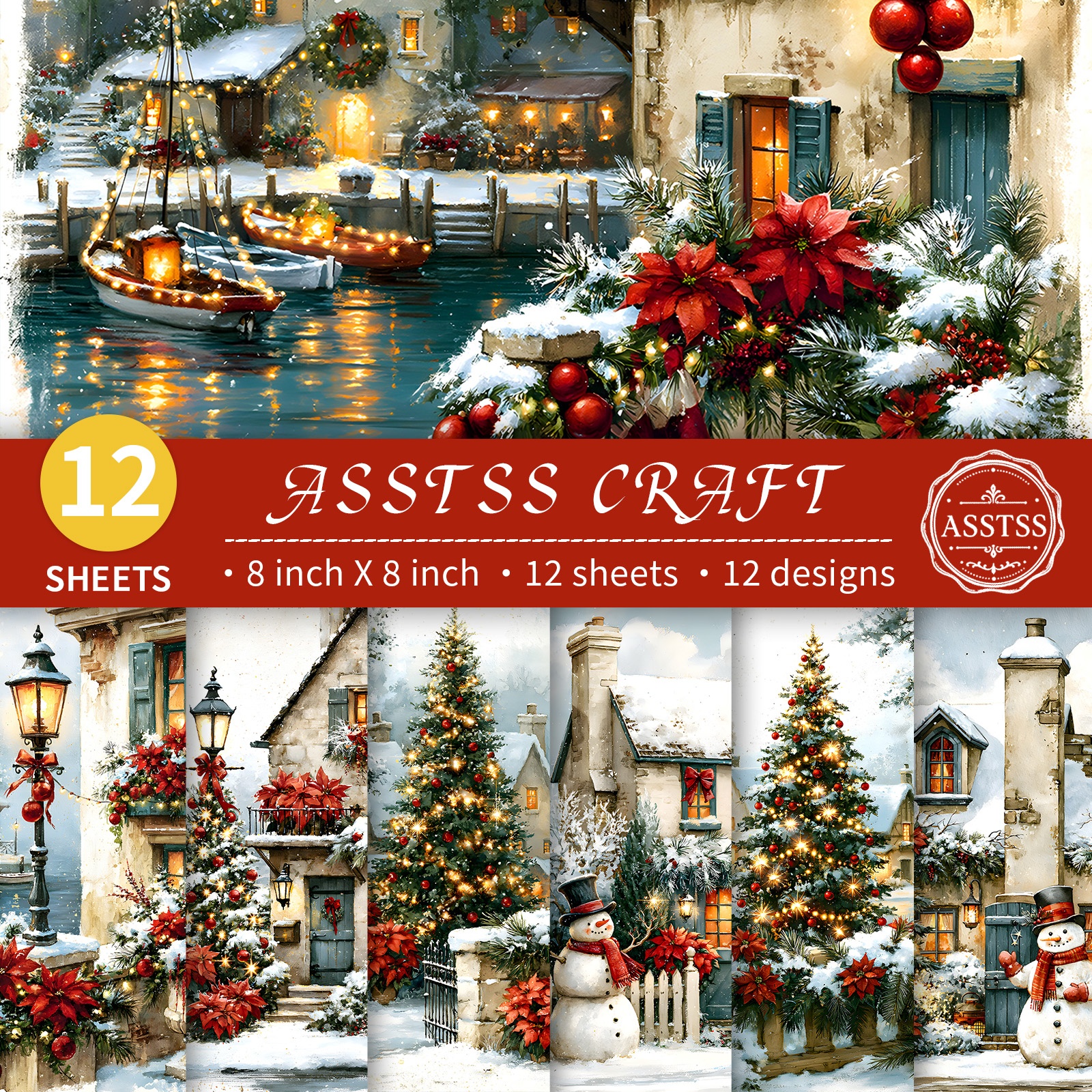 TEMU Bloc de papier de scrapbooking 12 feuilles assorties 8*8 pouces, fournitures de papier de support style paysage d'hiver avec ville européenne de