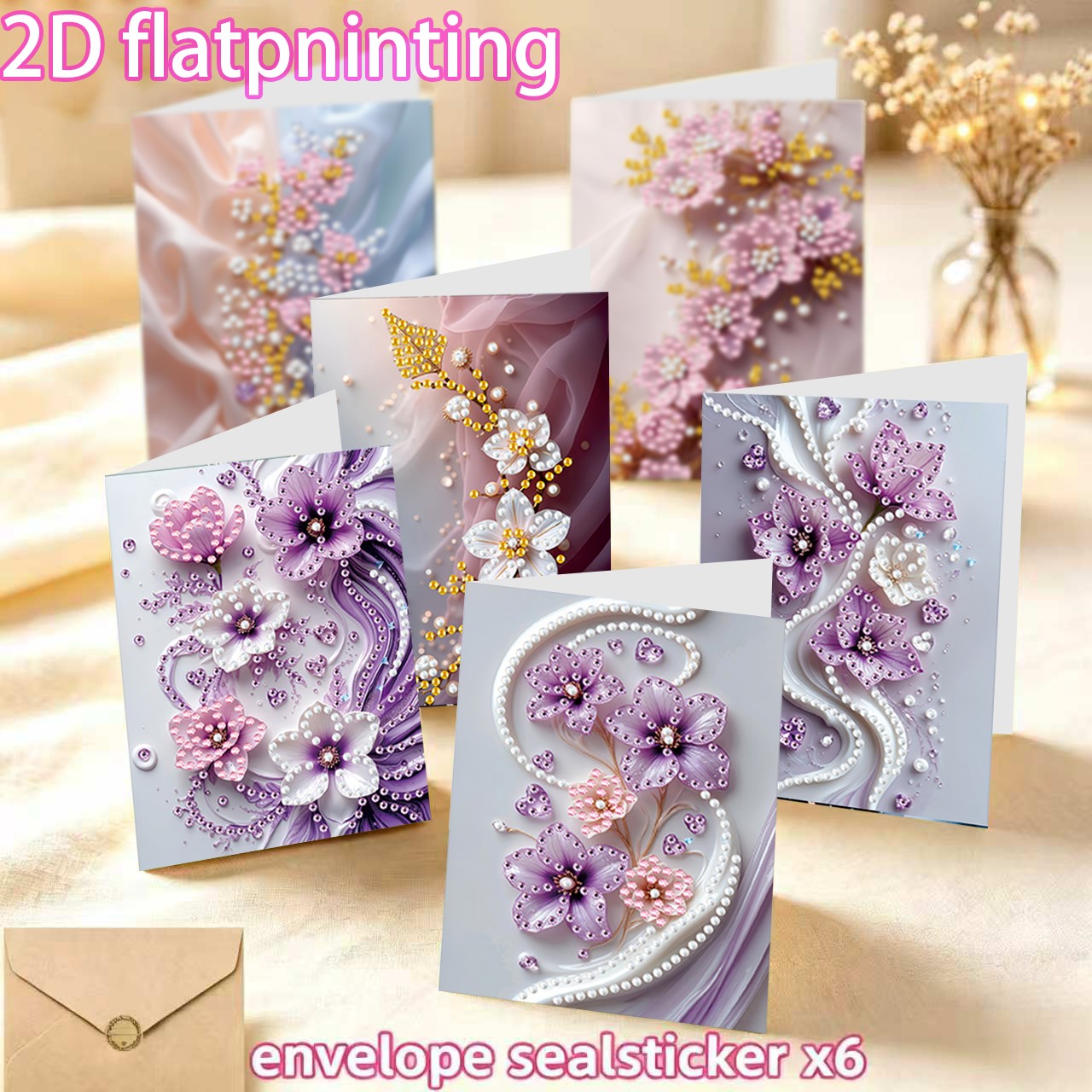 TEMU 2d Flat New 6pcs Shiny Diamond Painting Greeting Card Kit, Greeting Cards With Envelopes, Featuring Fun And Beautiful Floral Themes, Perfect For