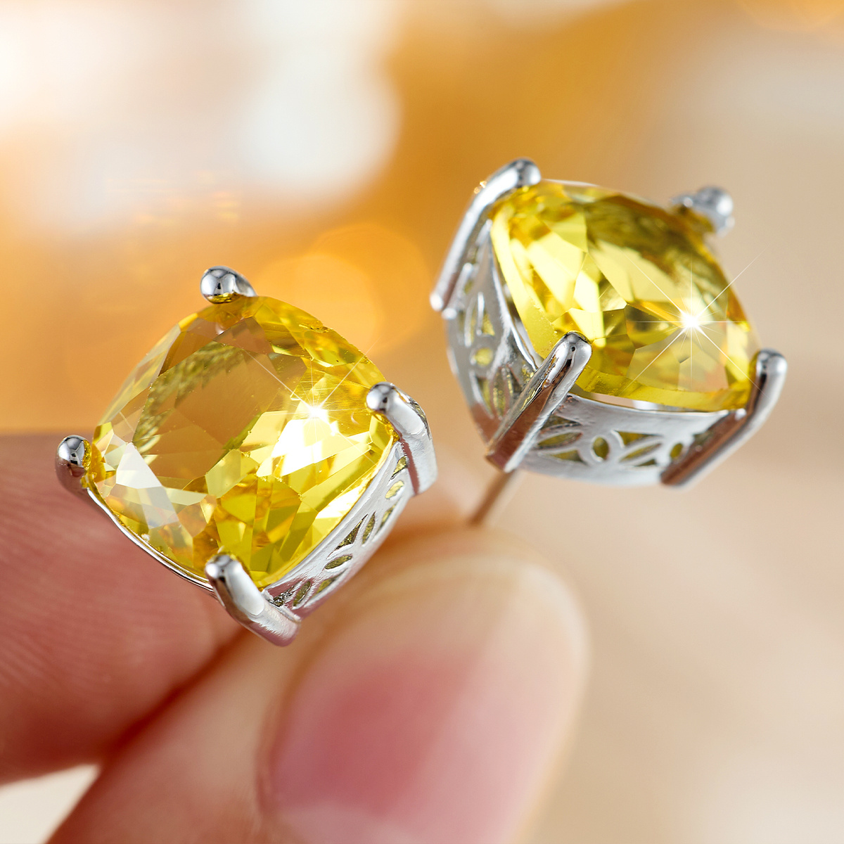 Large Square Colored Gemstone Stud Earrings, Exquisite Design