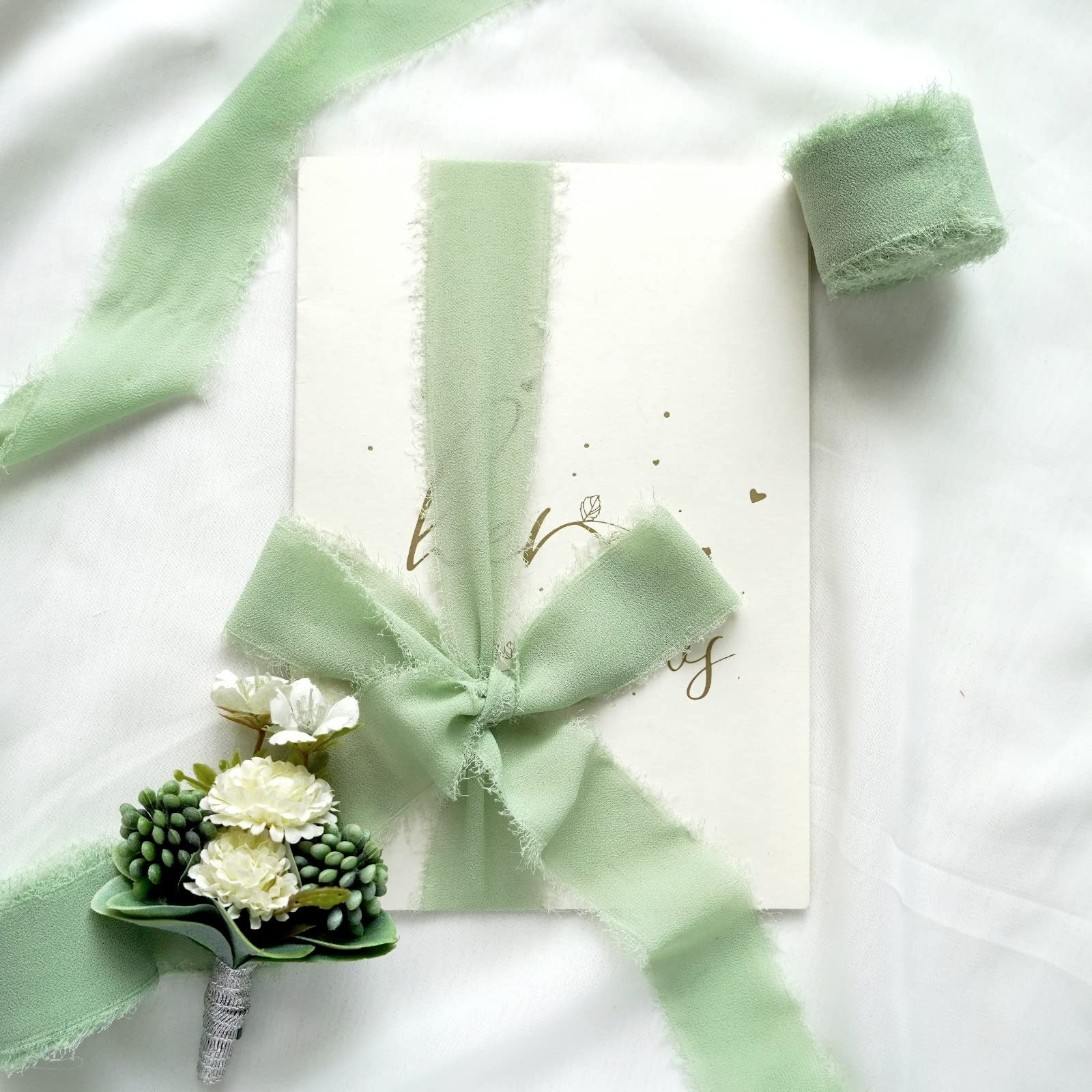 Image of Handmade Tassel Light Green Chiffon Ribbon | 204.72 Inches Long, 1.57 Inches Wide, Perfect For Weddings, Bouquets, Gift And Craft Wrapping