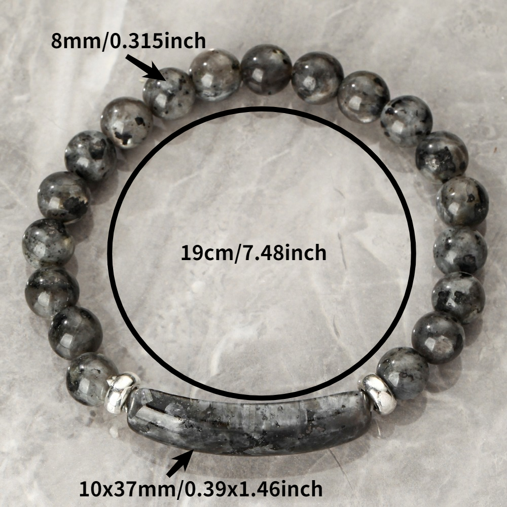 TEMU 1pc Natural Gray Labradorite Beaded Bracelet For Women Men, Elastic Stretch Bracelet With Silvery Charms, Stone Wristband