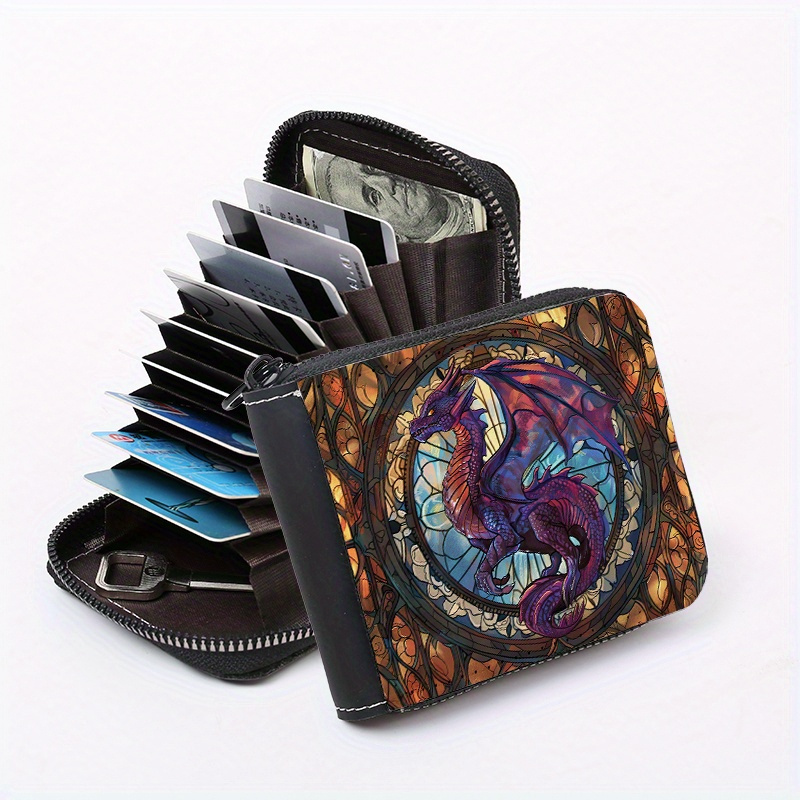 

1pc Dragon Print Leather Wallet, With Polyester Lining, Zip Pocket, Solid Color, Portable Multi-functional Commuter Card Holder, Fashionable Gift For Daily Use