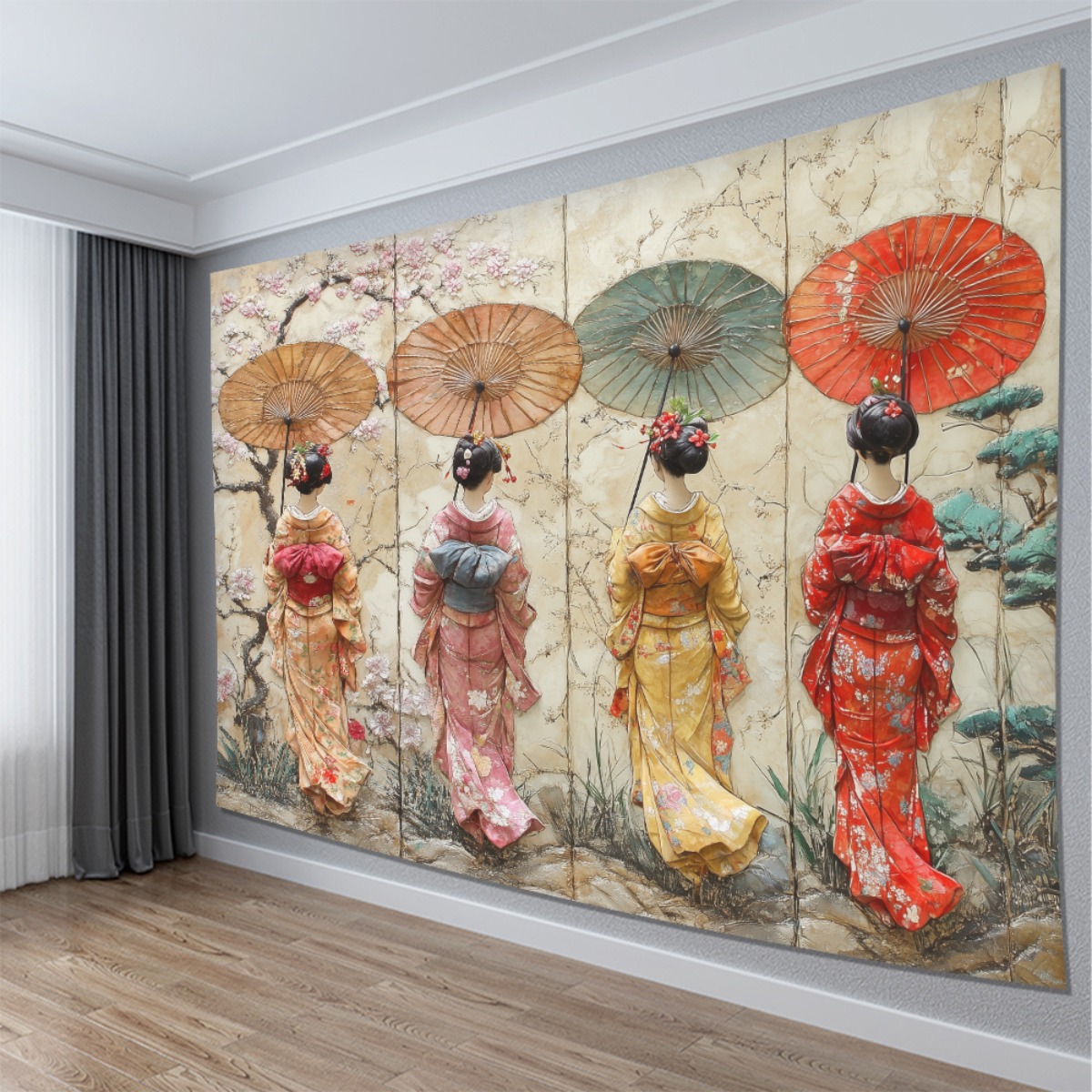 TEMU 1pc Japanese Kimono Tapestry - Traditional Women's Japanese Cultural Decor With 4- (golden/red/black/beige) - Elegant Female Figures In Kimono -