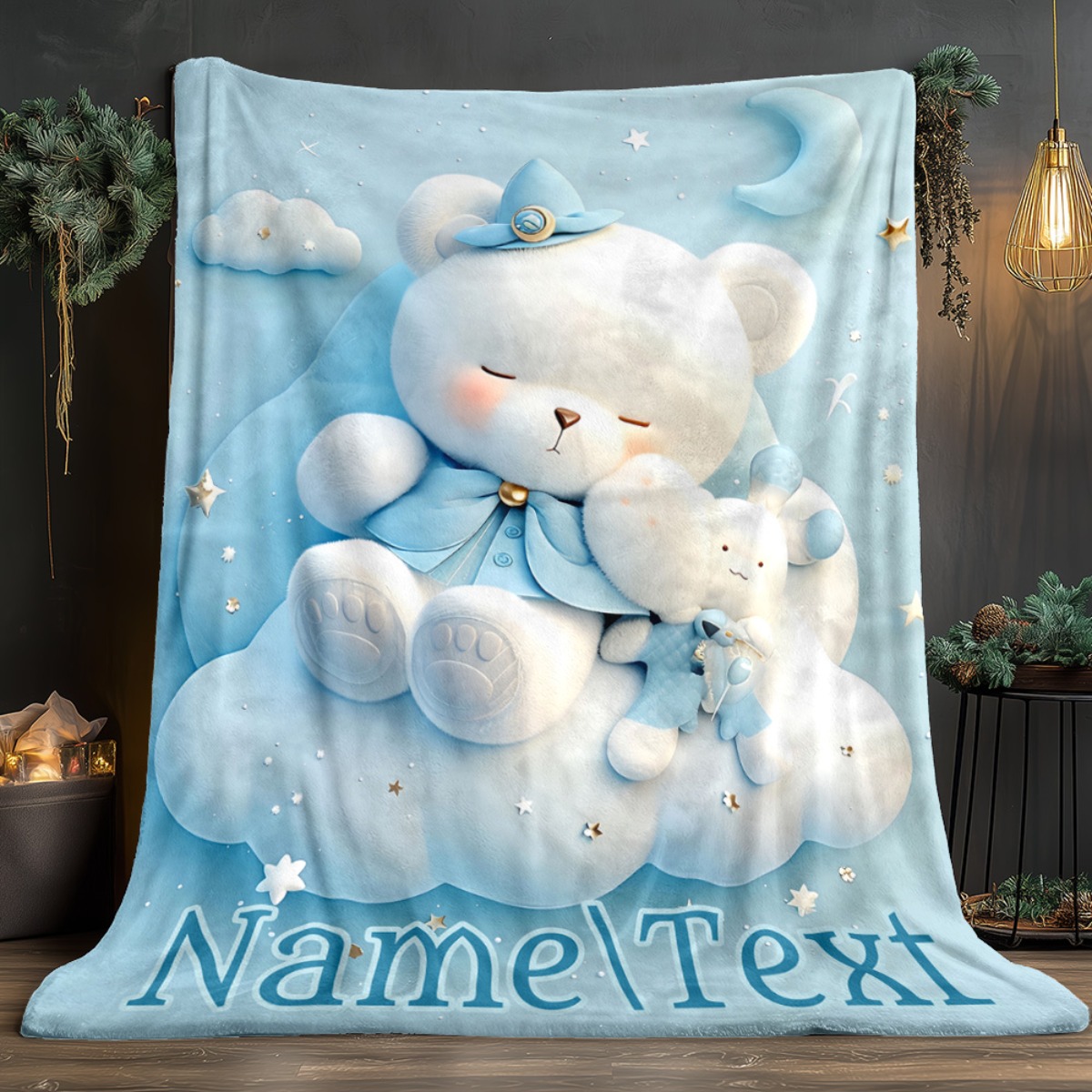TEMU Custom Name White Bear On Blue Clouds Blanket-lightweight Home Furnishings Bedding Blanket Suitable For Sofas Beds Travel Camping Living Rooms