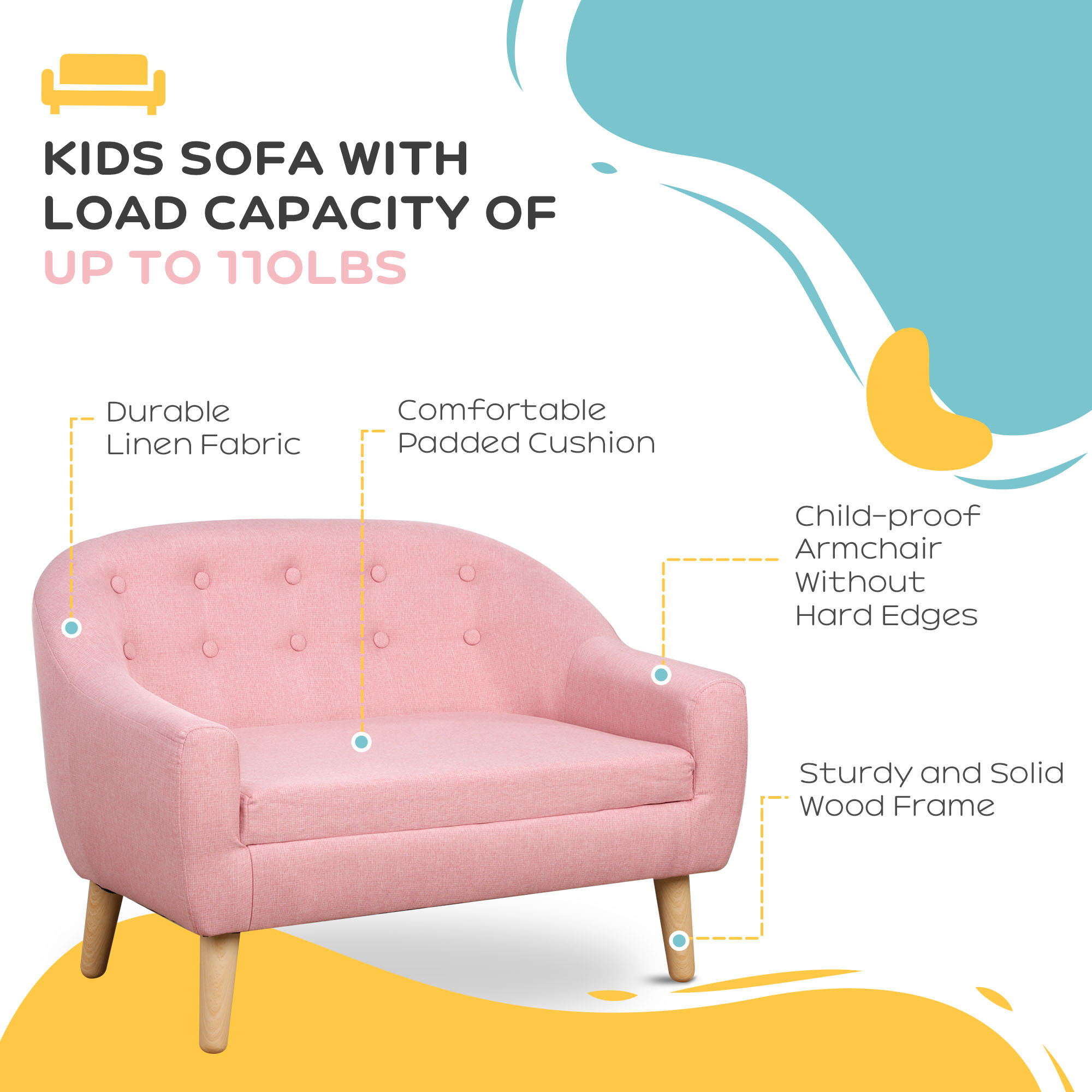 Qaba 2-Seat Kids Sofa, Toddler Sofa Couch, Sofa Chair for Ages 3-7, Pink