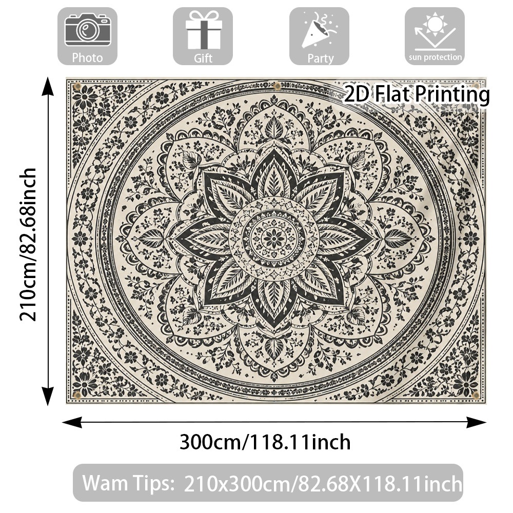 TEMU Outdoor Sunshade - 2d Flat Printing 1pc Festival Canopy With Retro Floral Mandala , Windproof Sunshade, Durable, High-quality Polyester Fabric,