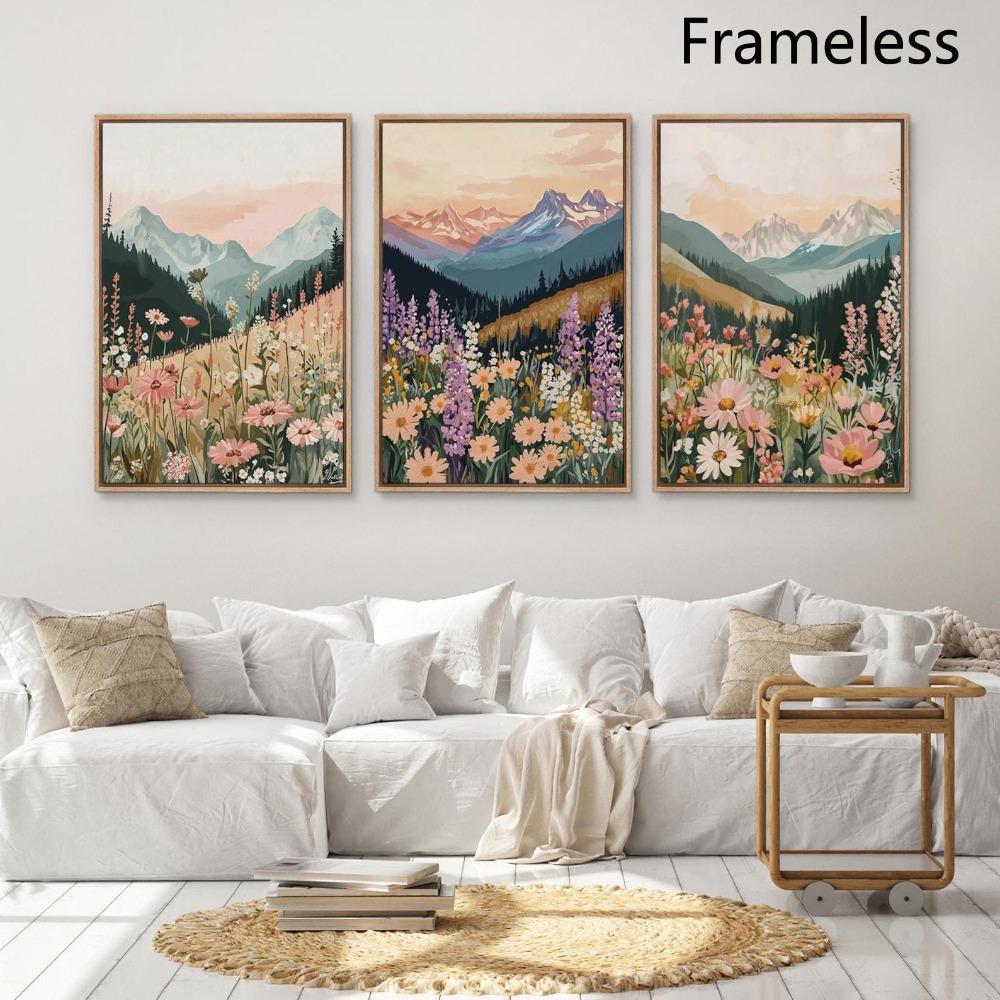 TEMU 2d Flat, 3pcs Mountain Wall Art - Pastel Canvas Prints, Boho Sunset Landscape With Floral Elements For Rustic Decor Festival Gift, Living Room,