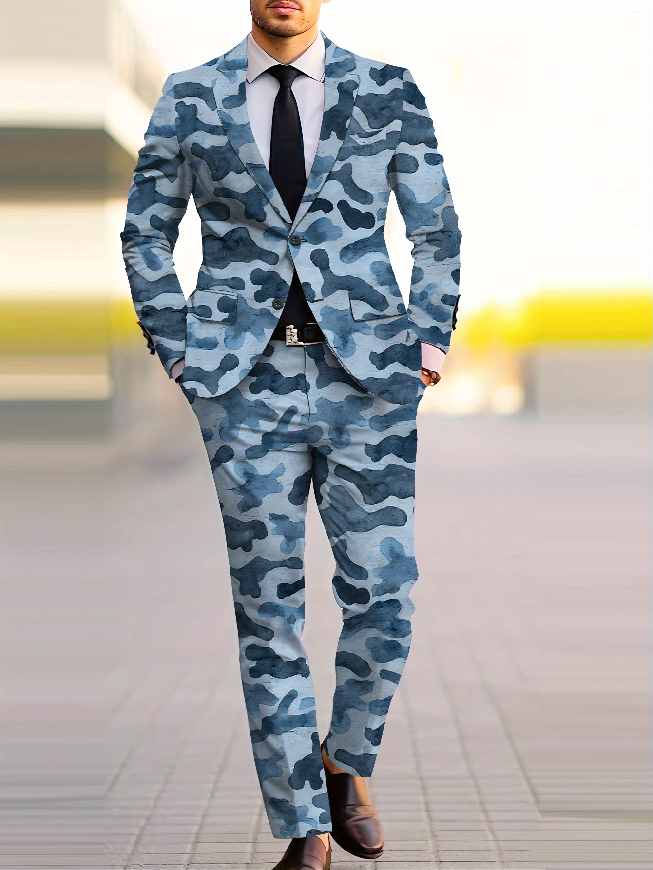 Men s Suit Set with Printed   and Pants, 2  Print Camouflage Pattern   Classic Banquet Wedding Party Outfit