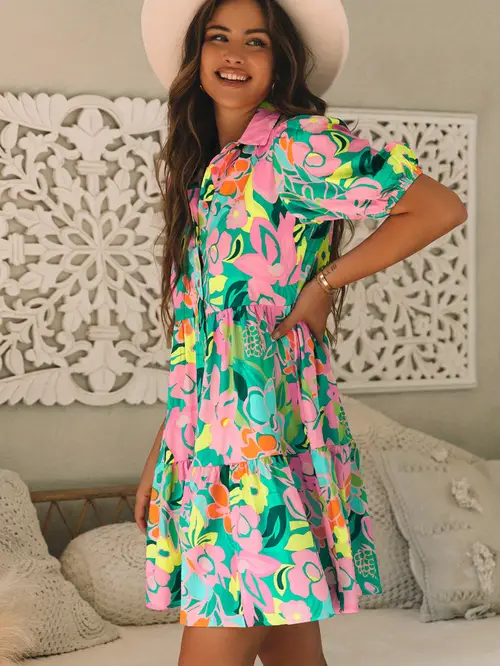 spring flower with sleeve collar button dress