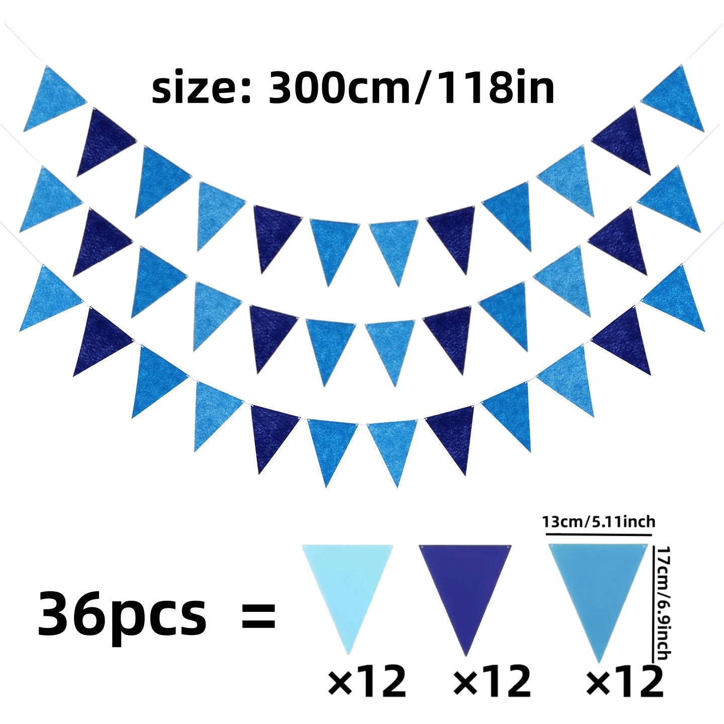 TEMU 36pcs Pennant Set, 300cm/118in Blue Banner Flags, Diy Combination Hanging Flag Set, Reusable Triangular Felt Flags, Suitable For Opening