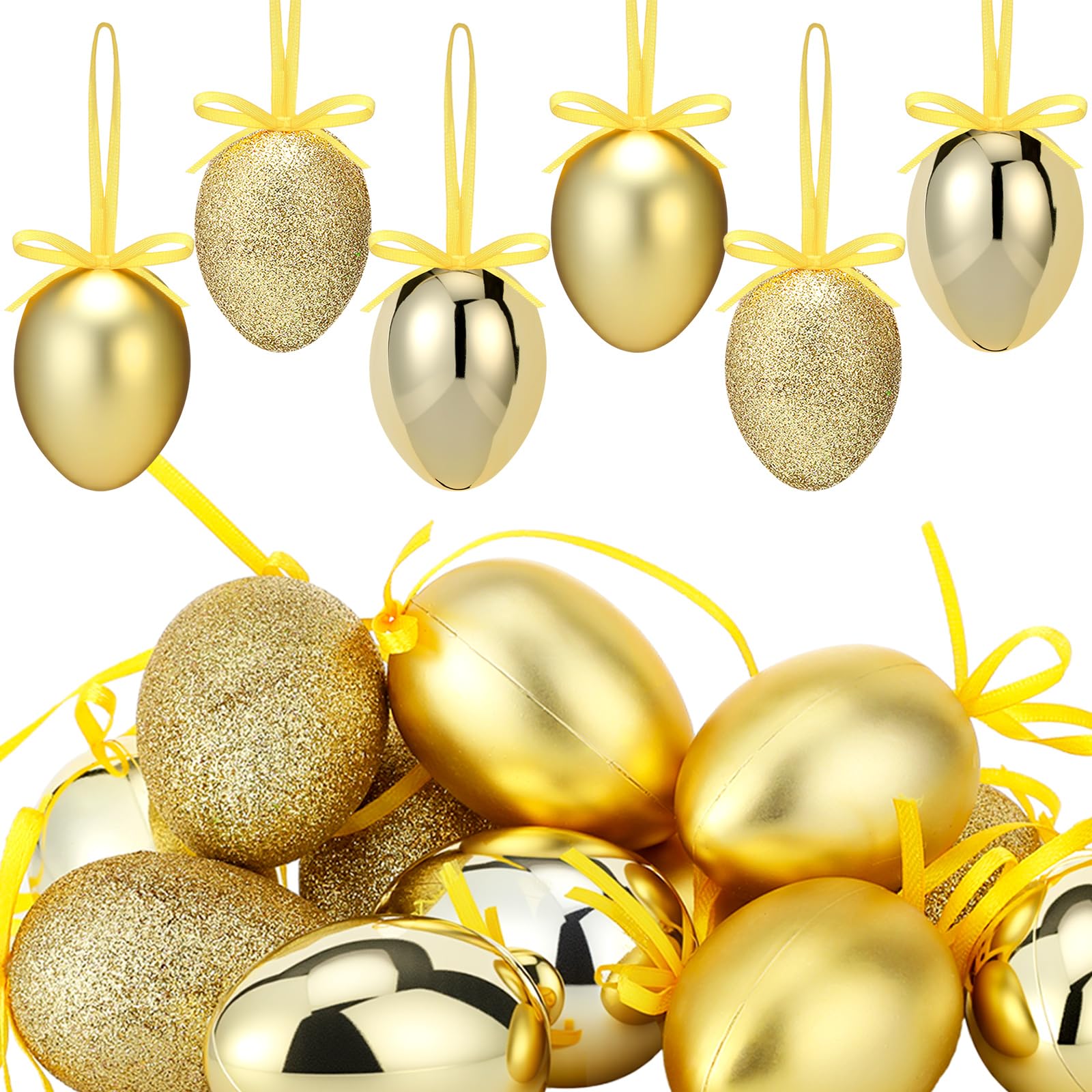 12pcs Golden Easter Eggs Tree Decorations, Glitter Hanging Ornaments For Easter Basket Tree Decoration Party Supplies Favors