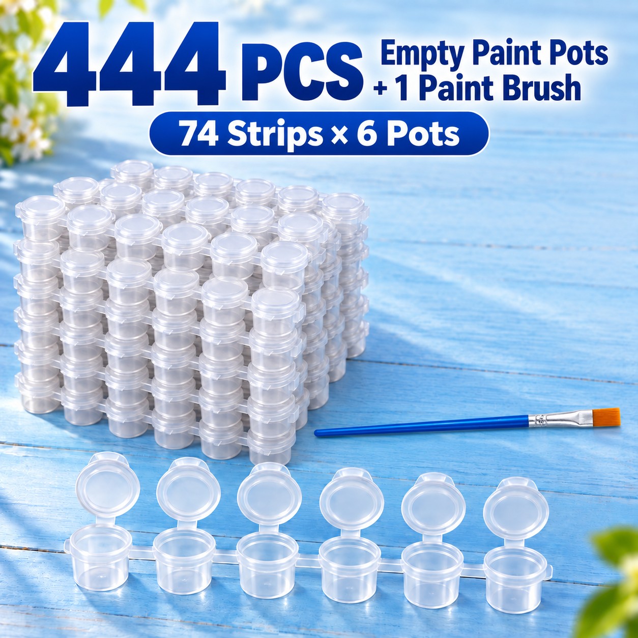 TEMU 444 stuks Plastic Verfbekers met Deksel, 74 stuks Zes-Beker Strips en 1 stuks Blauwe Handvat 16.5cm Platte Kwast, voor Acryl en Waterverf