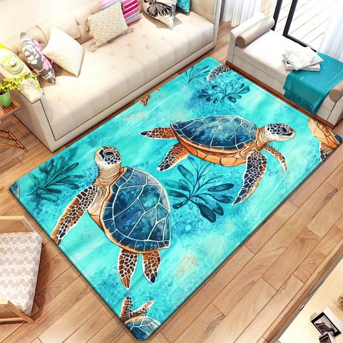 TEMU 800g/m² Blue Patterned Featuring Turtles, Suitable For Kitchens, Yoga, Non-slip Bathroom Mats, Absorbent Washable Polyester Rugs For Bathrooms,