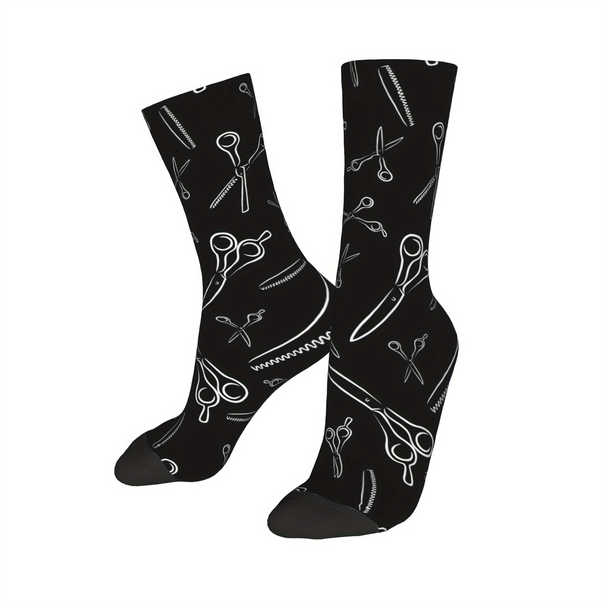 TEMU 1 Pair Funny Barber Hairdressing Tools Socks - Vintage Harajuku Hip Hop Novelty Crew Socks With Scissors, Comb & Barber Pole Patterns For Dark