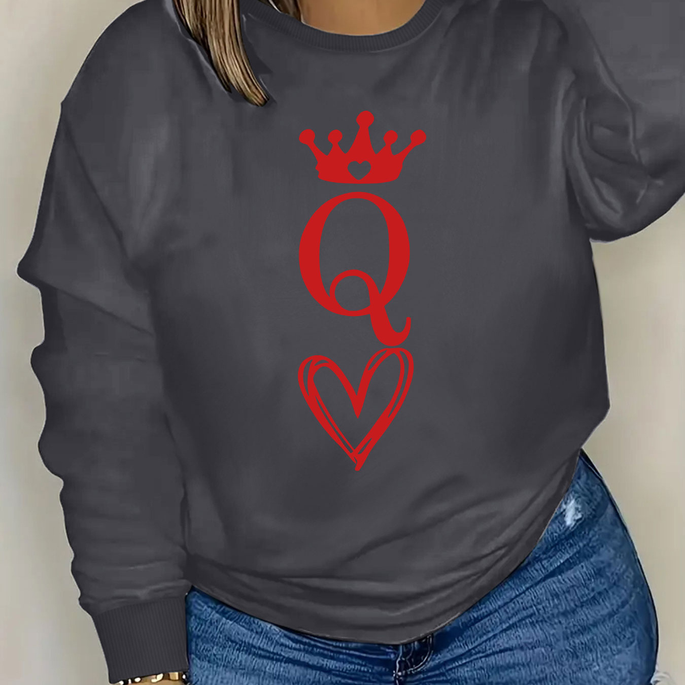 

Women's Casual Crew Neck Sweatshirt With Letter Q Heart Print, 100% Polyester Knit Fabric, Fall/, 250gsm - Black