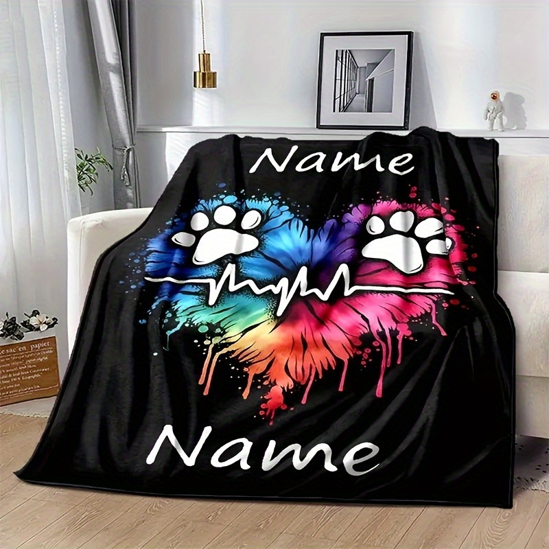 TEMU 1pc Creative Personalized Text, Dog Paw Bone, Custom Name Printed Blanket, Flannel Gift Throw; Versatile Suitable For Outdoor Beach Camping Car
