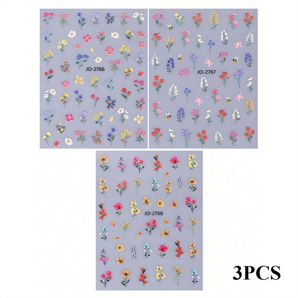 3pcs Floral Plant Themed Nail Art Stickers, Including , Bees, Daisies And Floral Materials With Branches, Suitable For Women, Nail Decoration Diy