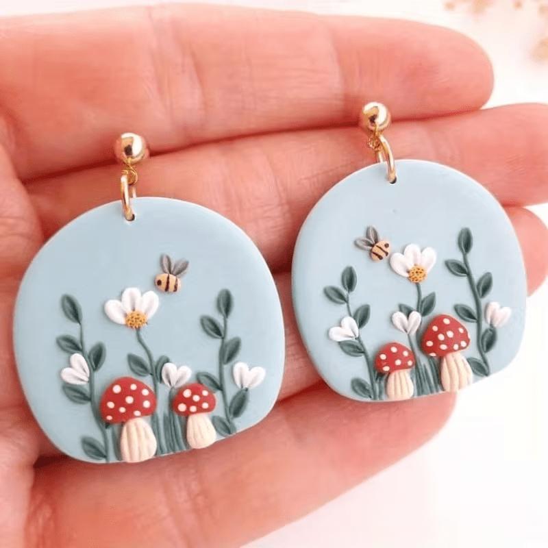 Women's Mushroom Floral Bee Print Pendant Earrings, Cute Style