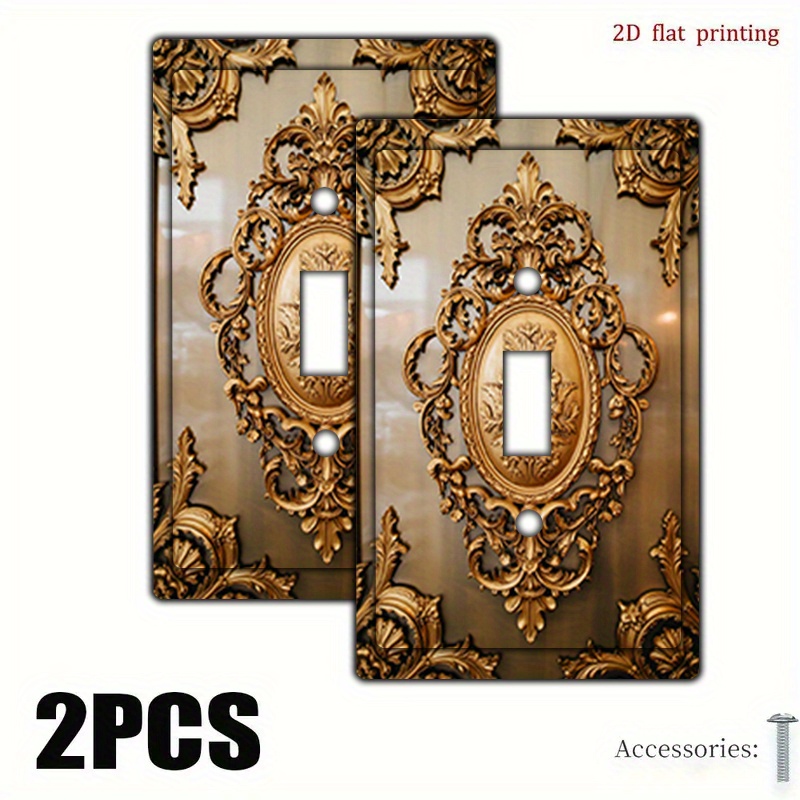 TEMU 2pcs 2d Flat Switch Cover, Ornate Golden Decorative Panel, Design Light Switch Plate Cover Wall Plate Decorative, Receptacle For Kitchen Or