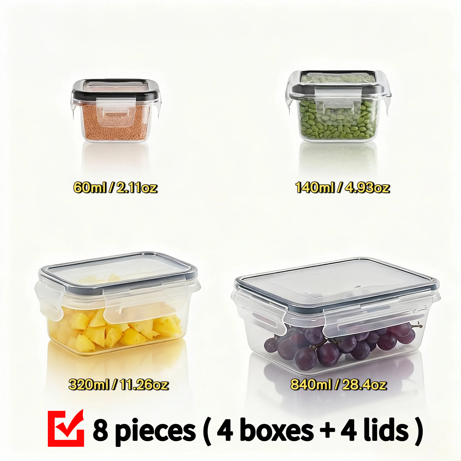 Image of 8pcs Transparent Food Storage Containers With Lids (4 Containers + 4 Lids), Leakproof & Suitable For Kitchen Organizing, Reusable Plastic Lunch Boxes For Fruits, Vegetables, Pasta, Meat Preservation