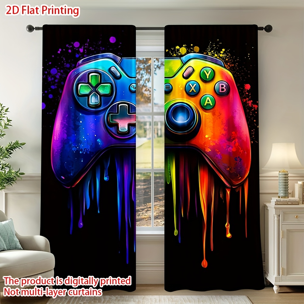 TEMU 2d Flat, 2pcs Panel Colorful Semi- Gaming Curtains Suitable For Bedrooms, Cafes, Bathrooms & Offices - Rod Pocket Window Panels With Video Game