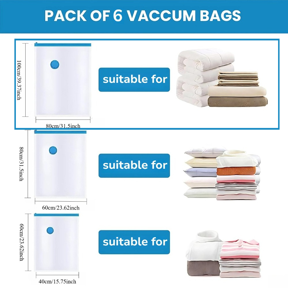 1 Set (7pcs) Of Space-, Reusable Vacuum Storage Compression Sealer Bags, Ideal For Travel Clothes And Home Blankets, With A Hand Pump And 6 Vacuum Storage Bags.